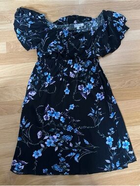 Velvet Torch Black Dress with Blue Floral Print
